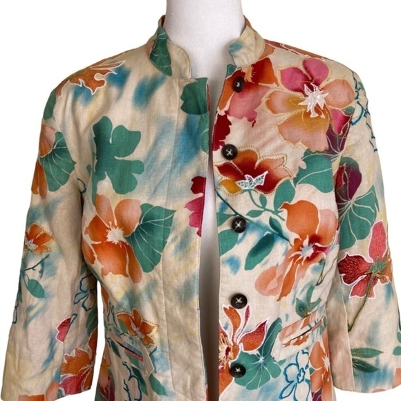 Coldwater Creek Colorful Floral Embroidered Linen Blend Boho Blazer Jacket Sz 8P - Picture 8 of 16